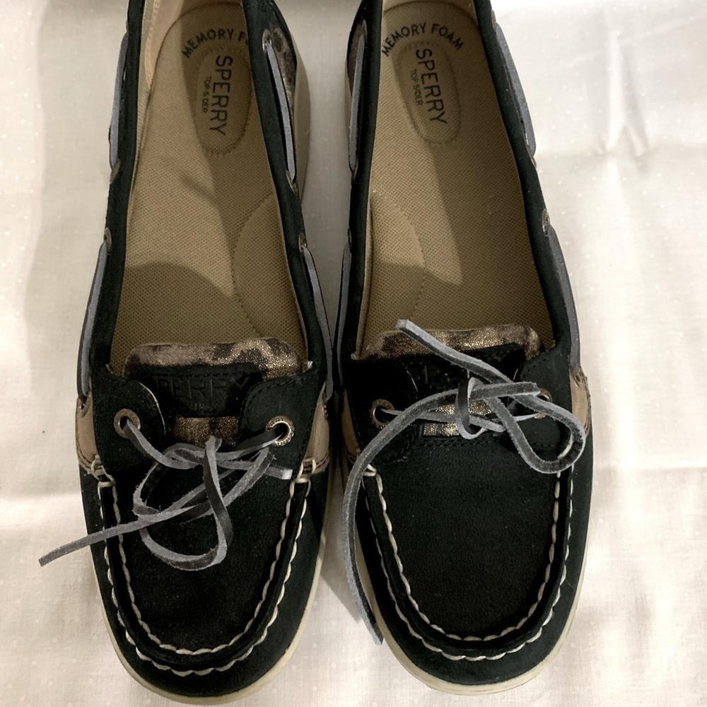 Sparkly leopard and black Sperry loafers.